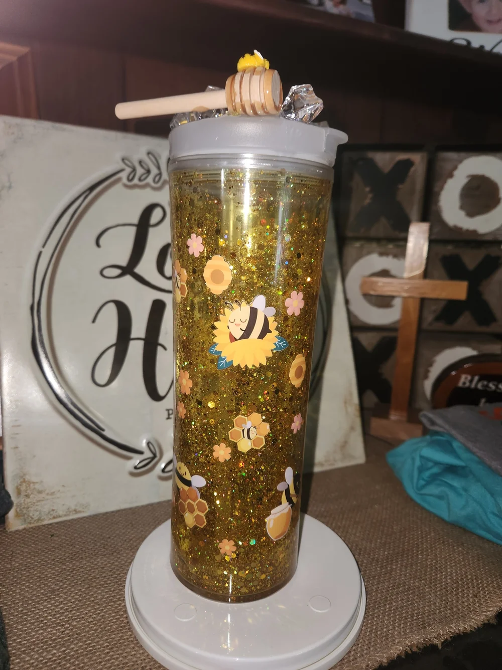 Bee & Honey Glitter Tumbler Duo — Yellow Floral Gnome Accent